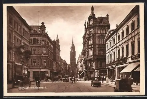 AK Krefeld, Rheinstrasse mit Geschäften