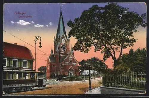 AK Solingen, Blick auf die Lutherkirche, Strassenbahn