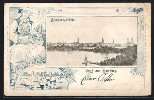 AK Hamburg-Neustadt, Lombardsbrücke, Mädchen in Tracht mit Blumen, Schwäne um 1900
