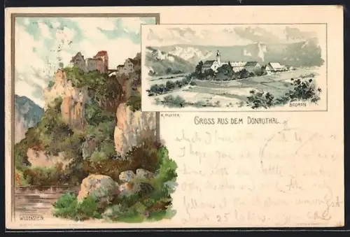 Künstler-AK K. Mutter: Beuron, Ortsrand von oben aus gesehen, Wildenstein, Donautal