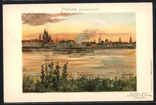 Künstler-Lithographie Carl Münch: Mainz, Totalansicht