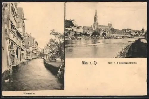 AK Ulm / Donau, Ortsansicht von der Eisenbahnbrücke aus, Blauansicht