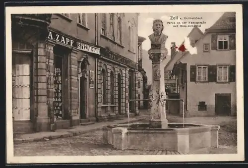 AK Zell a. Harmersbach, Partie an der Hauptstrasse mit Buss-Denkmal