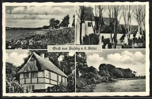 AK Sieseby a. d. Schlei, Kirche, Fachwerkhaus, Uferpartie