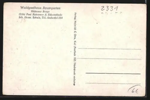 AK Bistensee ü. Eckernförde, Wald-Gasthaus Baumbarten, Garten, Tor