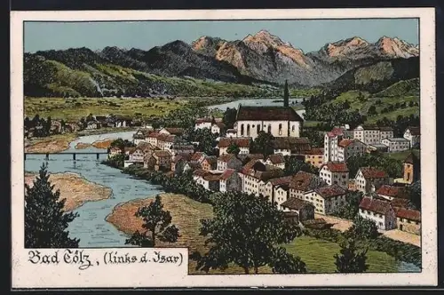 Künstler-AK Bad Tölz /Isar, Teilansicht mit Kirche