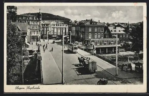 AK Siegen, Siegbrücke mit Cafe-Restaurant und Strassenbahn