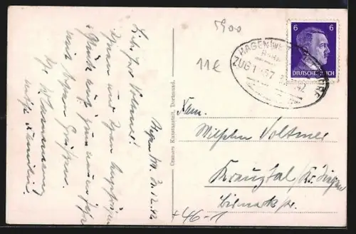 AK Siegen, Siegbrücke mit Cafe-Restaurant und Strassenbahn