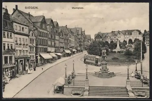 AK Siegen, Marktplatz mit Geschäften und Strassenbahn
