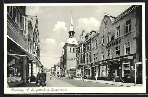AK Oldenburg i. O., Langestrasse mit Geschäften und Lappanturm