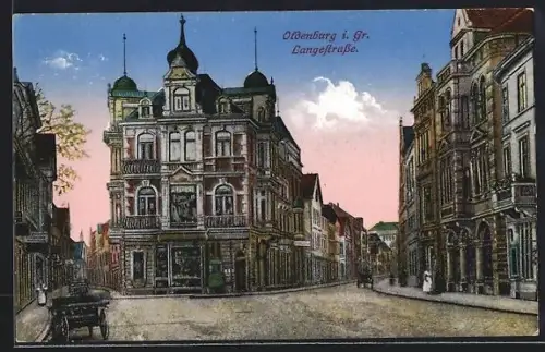 Künstler-AK Oldenburg i. Gr., Langestrasse mit Geschäften