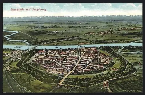 Künstler-AK Eugen Felle: Ingolstadt, Totalansicht und Umgebung, Manching, Ringsee, Rothenturm