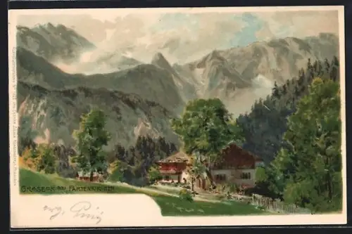 Lithographie Graseck, Totalansicht mit Gebirge