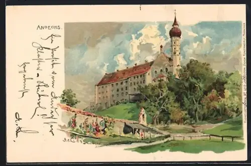 Künstler-AK Edward Theodore Compton: Andechs, Blick auf das Kloster
