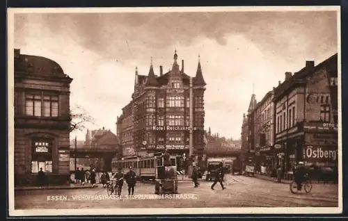AK Essen, Hotel Reichskrone in der Viehoferstrasse, Strassenbahn