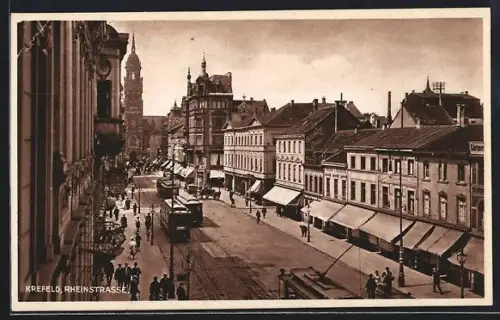 AK Krefeld, Blick in die Rheinstrasse mit Strassenbahn