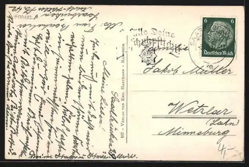 AK Saarbrücken, Bahnhofstrasse mit Cafe Kiefes und Strassenbahn