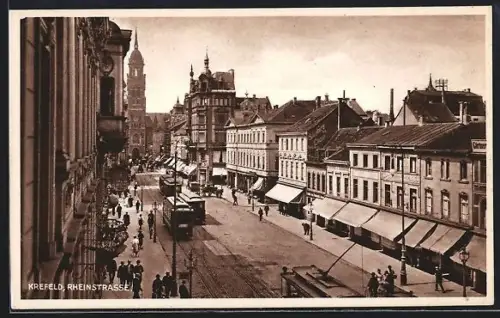 AK Krefeld, Blick in die Rheinstrasse mit Strassenbahn