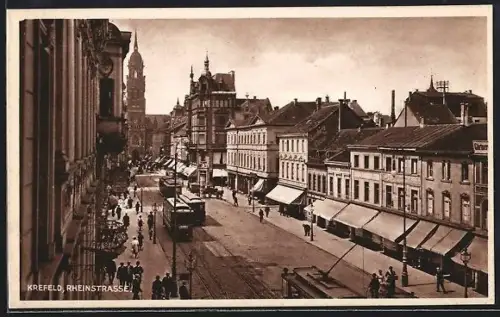 AK Krefeld, Blick in die Rheinstrasse mit Strassenbahn