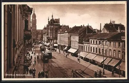 AK Krefeld, Blick in die Rheinstrasse mit Strassenbahn
