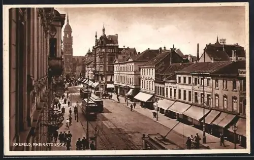 AK Krefeld, Blick in die Rheinstrasse mit Strassenbahn