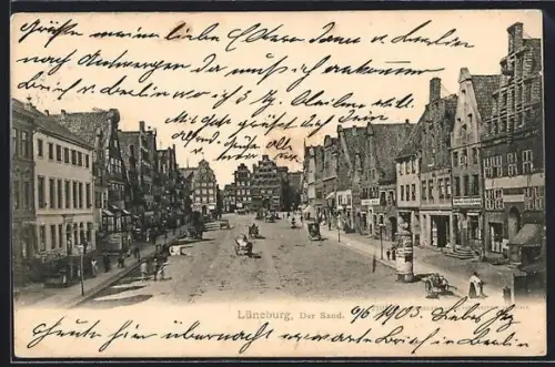 AK Lüneburg, Strasse am Sand mit Geschäften