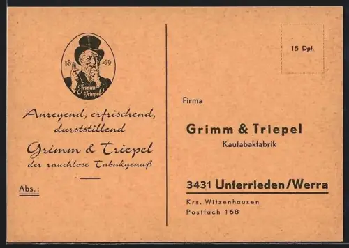 AK Reklame für Tabak, Grimm & Triepel, Kautabakfabrik, Unterrieden / Werra