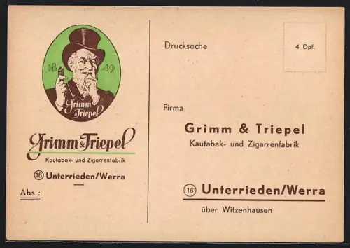Künstler-AK Unterrieden /Werra, Grimm & Triepel Kautabak- und Zigarrenfabrik, Älterer Herr mit Zylinderhut