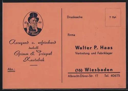 Künstler-AK Wiesbaden, Grimm & Triepel Kautabak, Walter P. Haas, Vertretung und Fabriklager, Albrecht-Dürer-Strasse 17