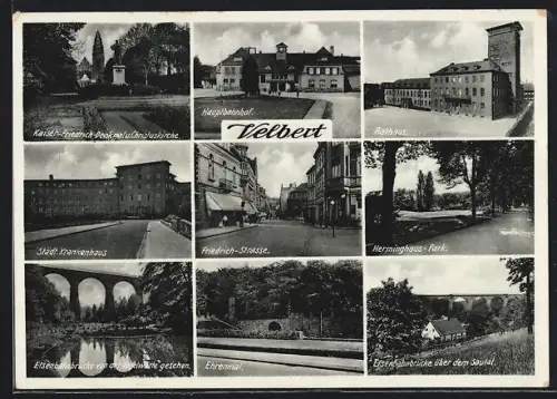 AK Velbert, Kaiser-Friedrich-Denkmal, Hauptbahnhof, Eisenbahnbrücke über dem Sautal