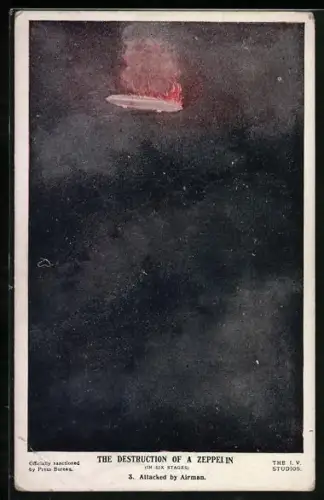 AK The Destruction of a Zeppelin, Attacked by Airman, Propaganda, 1. Weltkrieg, Luftschiff-Abschuss