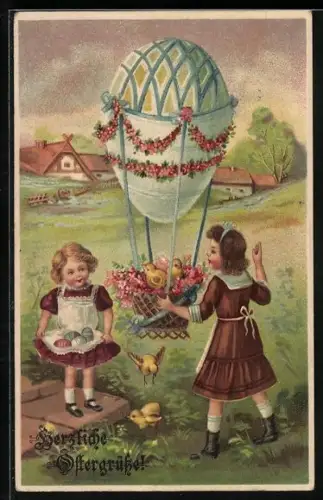 AK Mädchen lassen Ballon mit Blumen und Küken im Korb aufsteigen