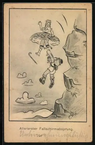 Künstler-AK Allererster Fallschirmabsprung, Scherz