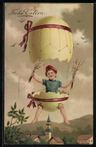 AK Junge fliegt mit einer Ostereierschale als Ballon