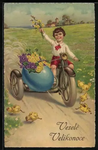 AK Kleiner Junge auf Motorrad mit Beiwagen, dieser in Form von Osterei