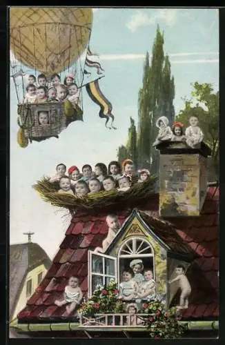 AK Kinder in einem Fesselballon über einem Gebäude