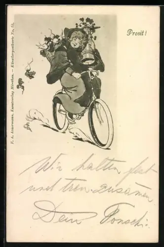 AK Frau mit Kiepe und Krug auf Fahrrad