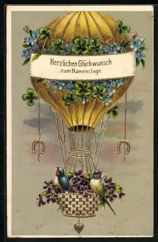 AK Ballon mit Singvögeln und Blumen im Korb