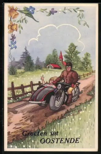 AK Motorradfahrer auf Motorrad mit Beiwagen in ländlicher Umgebung