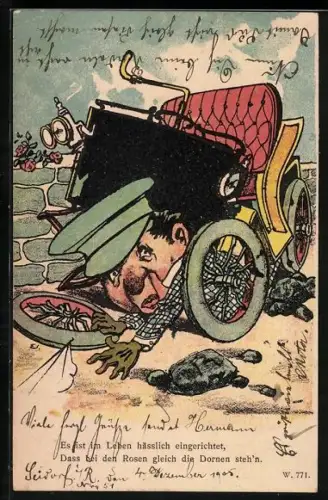 Künstler-AK Frühes Automobil völlig zerstört nach Unfall