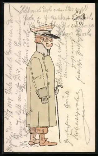 AK Autofahrer im Mantel mit Schirmmütze und Staubschutzbrille