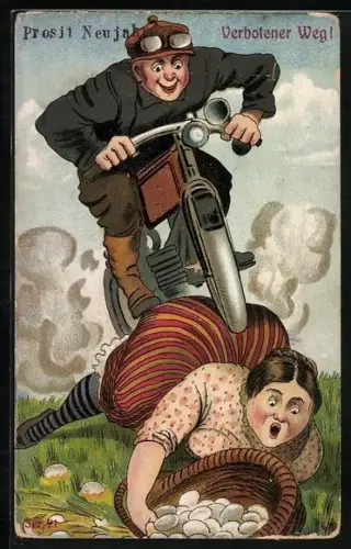 AK Motorradfahrer überfährt Frau mit Eierkorb