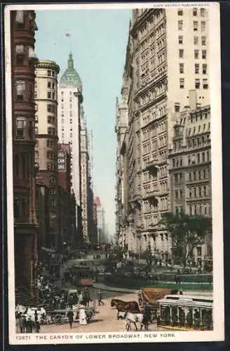 AK New York, The Canyon of Lower Broadway, Strassenbahn