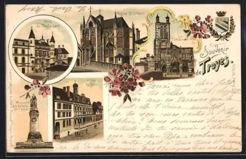 Lithographie Troyes, Hôtel de Ville, Hôtel de Vauluisant, Eglise St. Urban