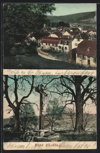 AK Bühl /O.-Els., Vue du village et croix entourée d`arbres