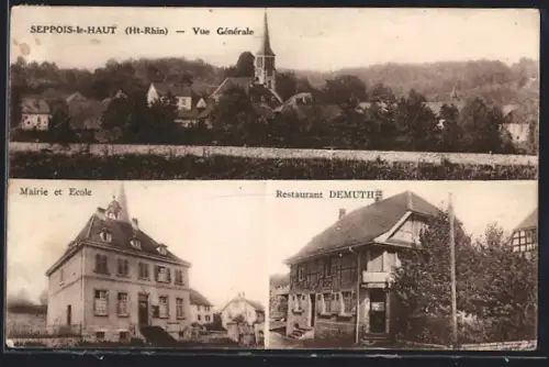 AK Seppois-le-Haut /Ht-Rhin, Vue générale, Mairie et École, Restaurant Demuth