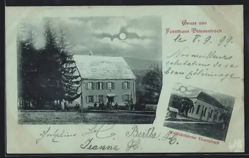 Mondschein-AK Thierenbach, Forsthaus und Wallfahrtskirche
