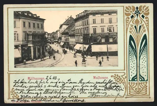 AK Mulhouse, Rue animée avec boutiques et passants