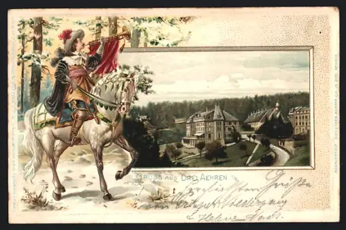 Präge-AK Drei Aehren i. E., Cavalier à cheval devant un paysage forestier et bâtiments élégants