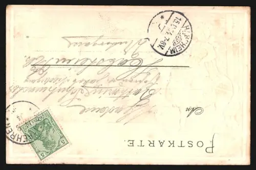 Präge-AK Drei Aehren i. E., Cavalier à cheval devant un paysage forestier et bâtiments élégants